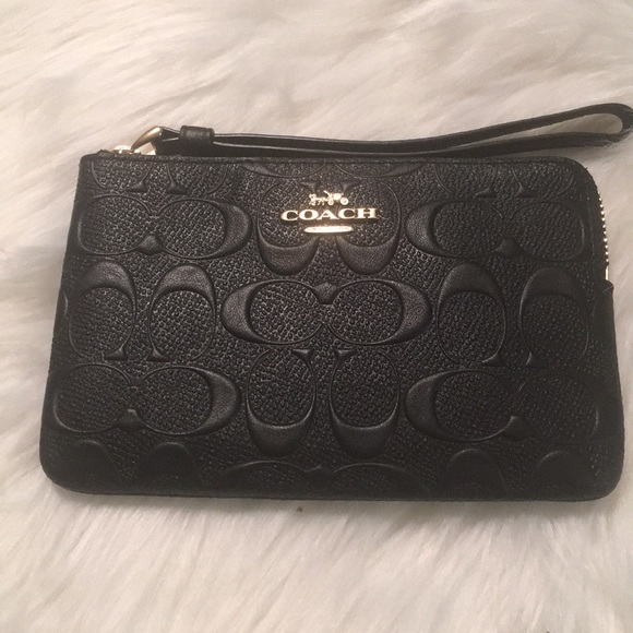 Coach Corner Zip Wristlet Signature Leather Black - Picture 2 of 6